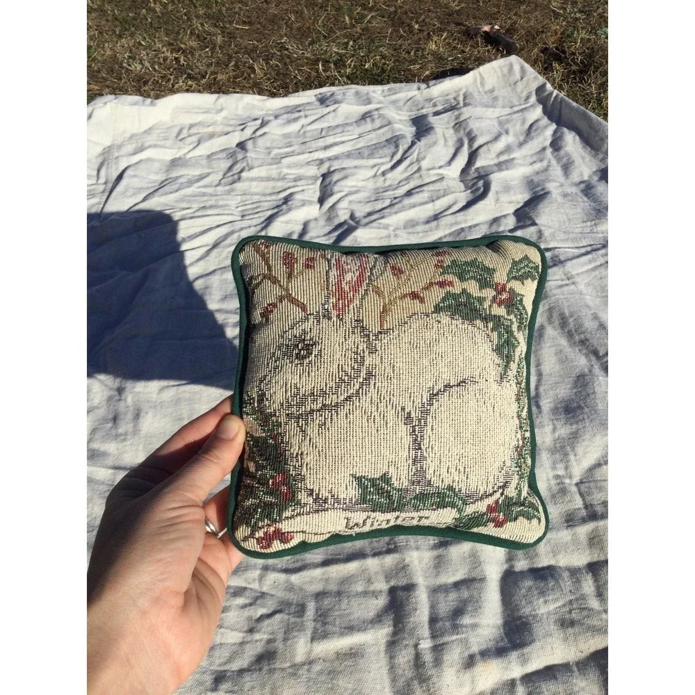 Vtg bunny square tapestry pillow 8” winter Easter rabbit‎ farmhouse green white